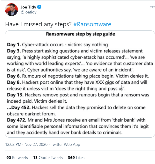 Joe Tidy tweet about ransomware